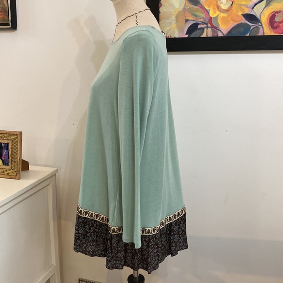 Easel Mint Green Brown Floral Trim Long Sleeve Tunic - Picture 3 of 4